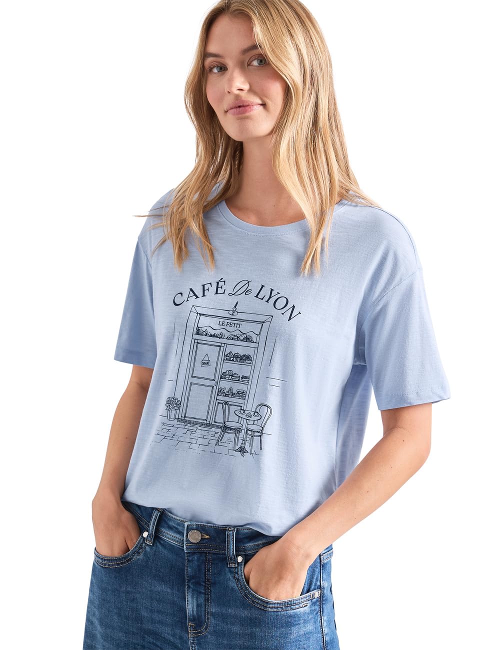 Street One Women's 3231080 T-Shirt with Crew Neck and Front Print (Pack of 1), Whispery Blue, 8