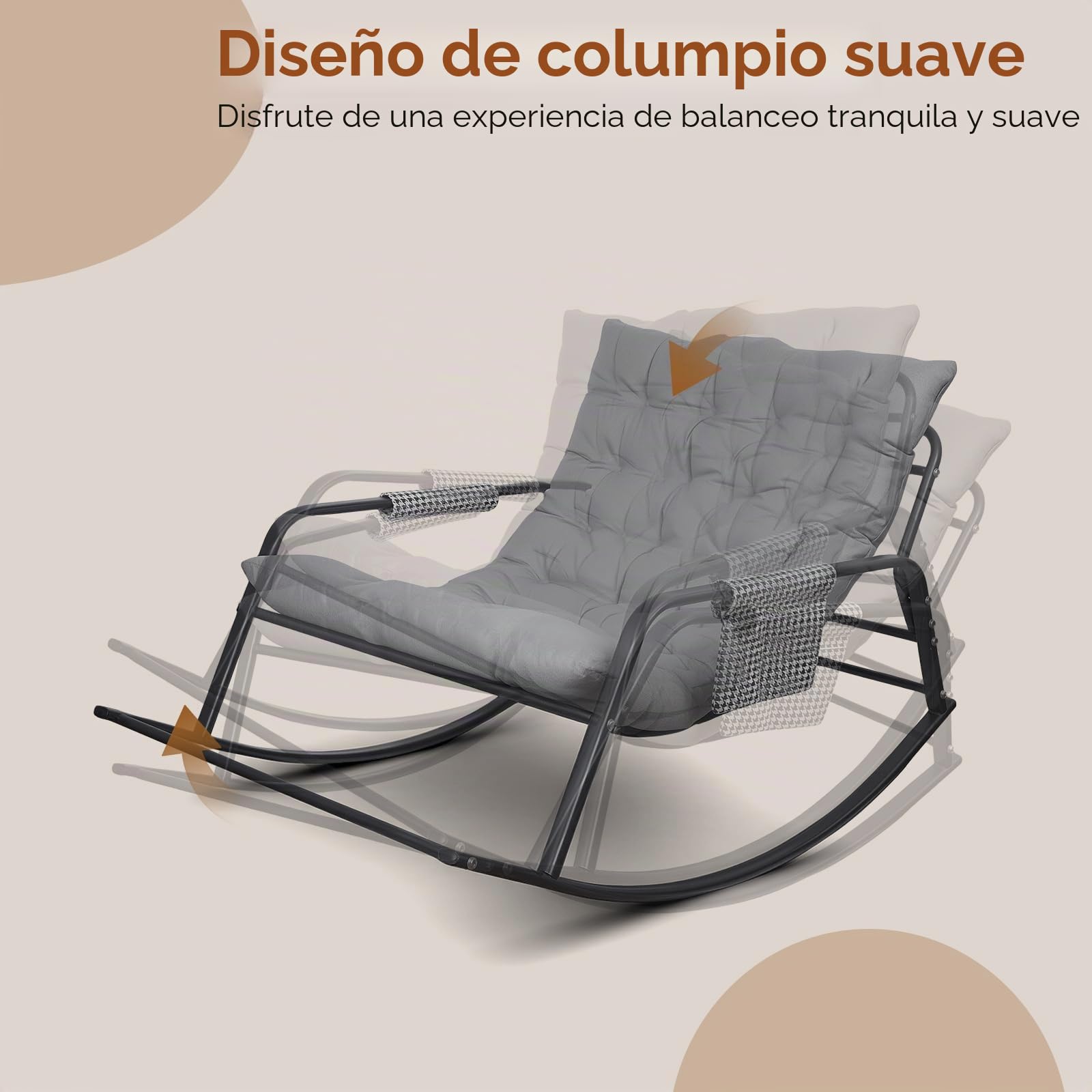 Silla Mecedora, Carga 150 kg, Sillon Mecedora Salon Extra Grande con Cojín Acolchado, Rocking Chair Marco de Metal, Sillón Relax para Adulto Salón, Dormitorio, Interior y Exterior (Gris)