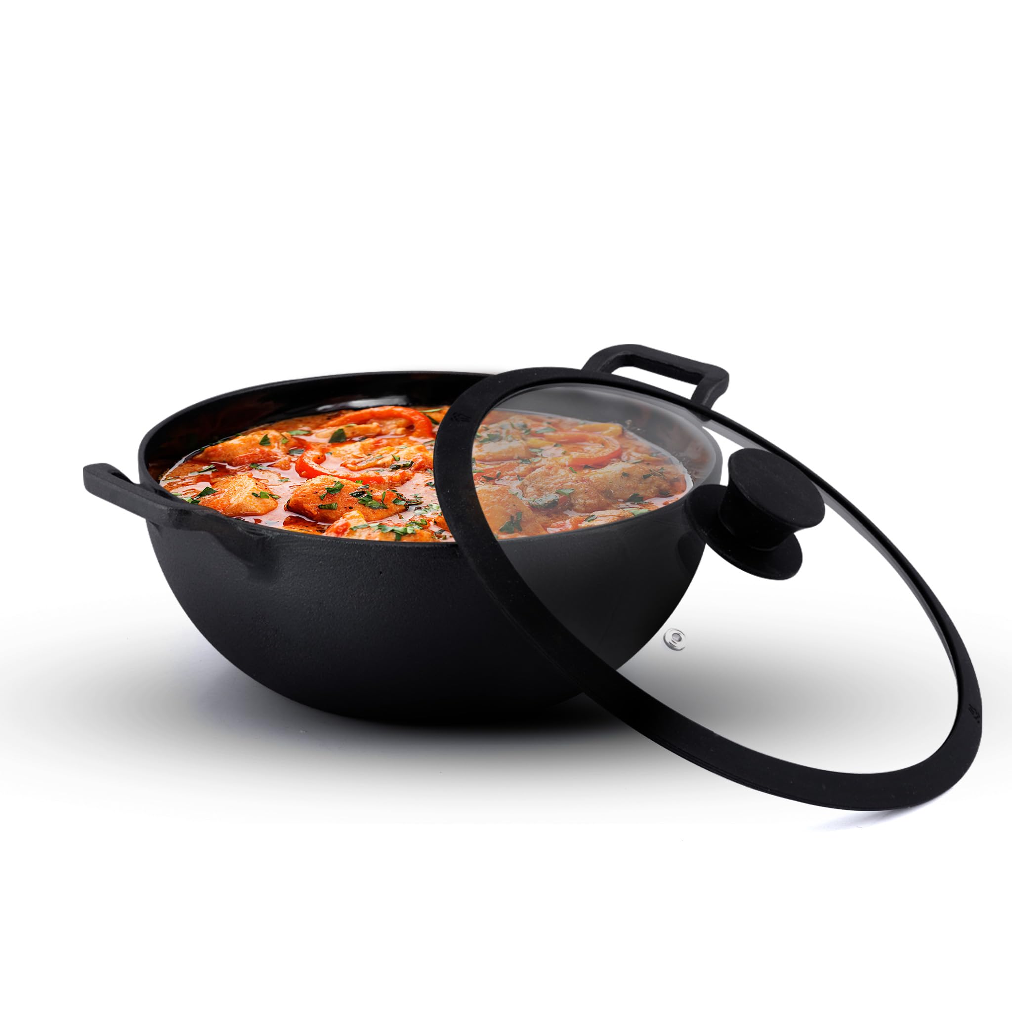 AGARO Royal Pre Seasoned Cast Iron Kadai with Glass Lid, No Chemical Coating, Rigid Iron Handle, 4.3L, Uni-Body Design, Fast Heating, Heavy Weight, Gas & Induction Oven Compatible, Cooking, Black