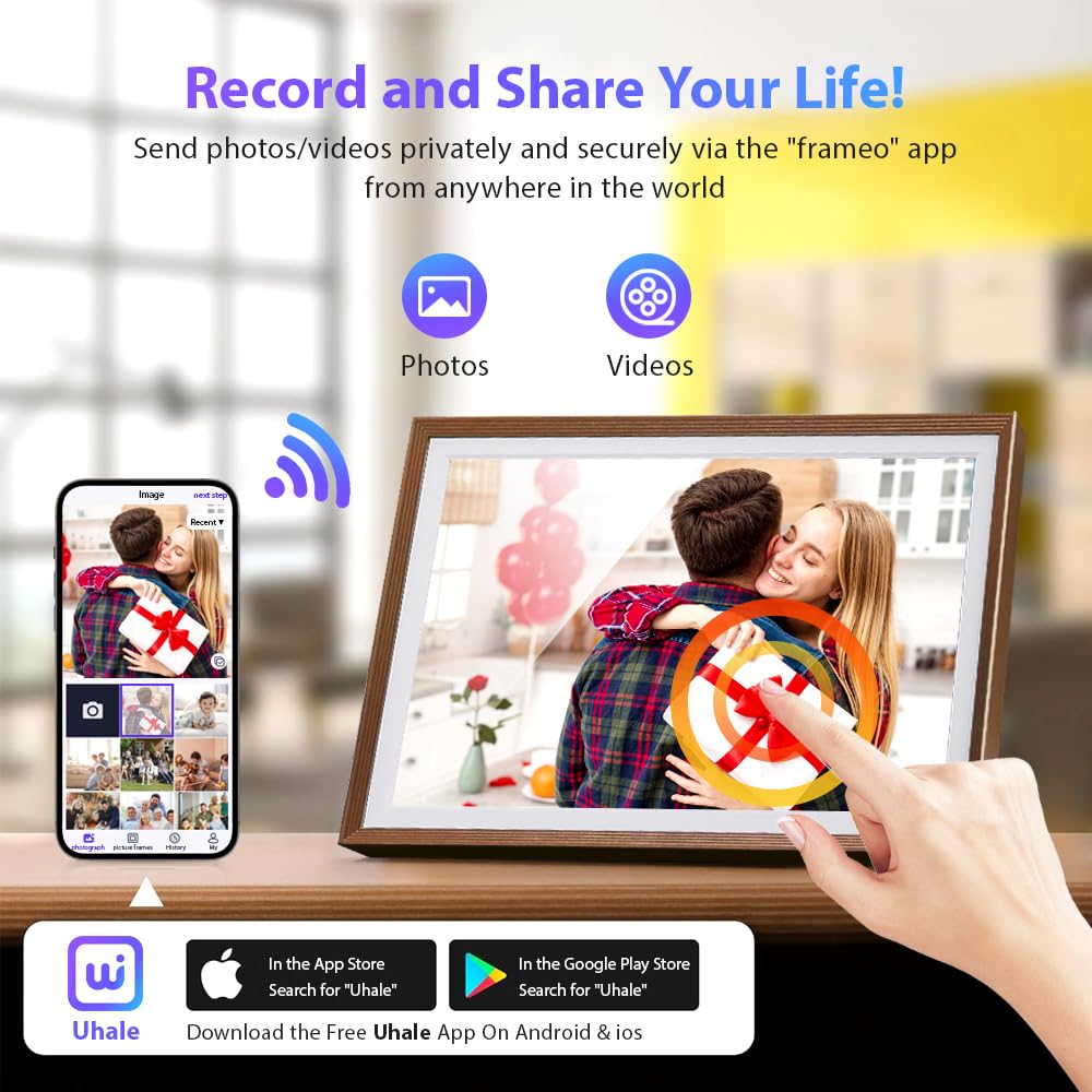 Cadre Photo Numérique 32 Go, écran Tactile WiFi 10,1 Pouces, HD 1280 x 800 IPS, Rotation Automatique, Partage De Photos à Tout Moment et en Tout Lieu Via l'application Frameo/Uhale, Bronze