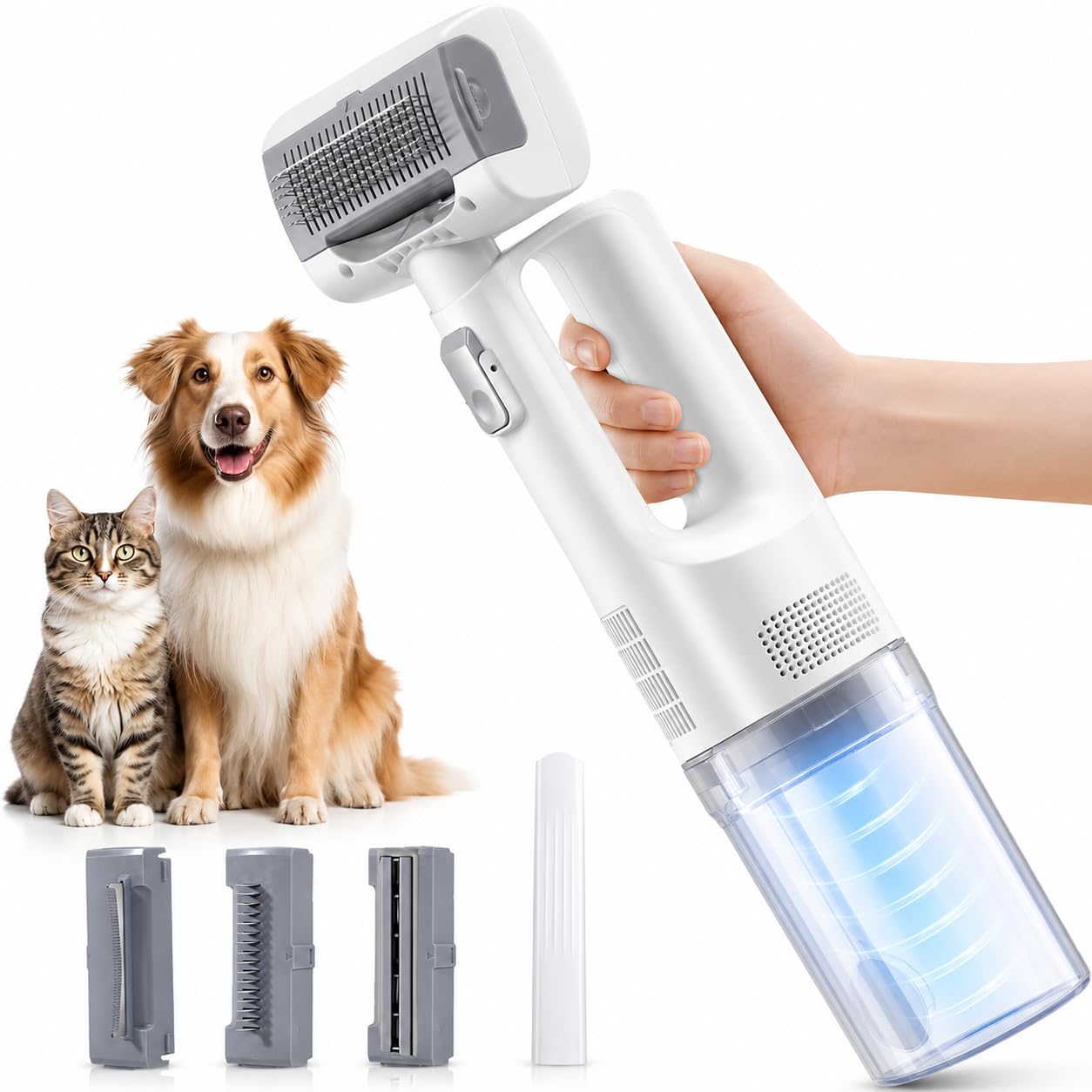Aspiradora Portátil para Pelo de Perro y Gato,Cepillo Aspiradora de Mano Inalámbrica para Mascotas,10kPa Succión Fuerte,con 4 Cepillos,Silenciosa <60dB,Utiliza para eliminar Pelo,Enredos y Pelusas