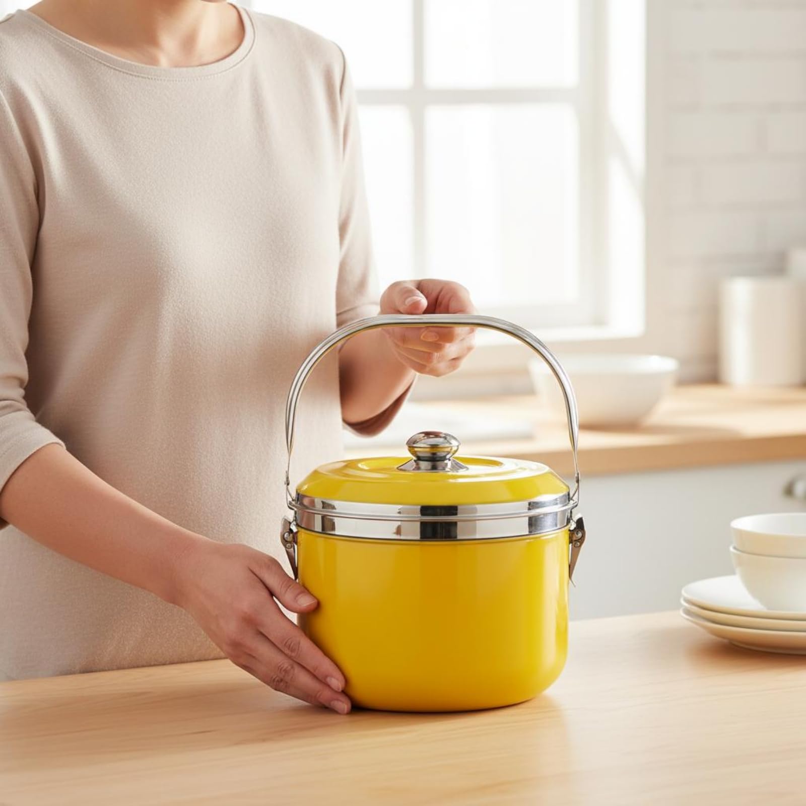 Pentola Termica Pentola a Cottura Pentola Isolante Contenitore Termico Pentola da Stufato con Tenuta Del Calore E Coperchio Doppio per Servire Pasti, Giallo, 9 L
