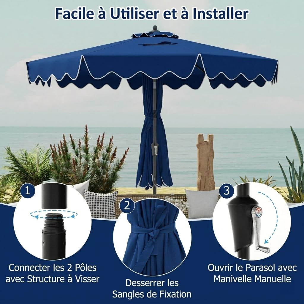 GOPLUS Parasol de Jardin Exterieur, 2,8M Parasol Inclinable 25° avec Manivelle, Toile Protection UV, 8 Baleines, Double Toit, pour Balcon Terrasse Patio, Base Non Incluse (Bleu)