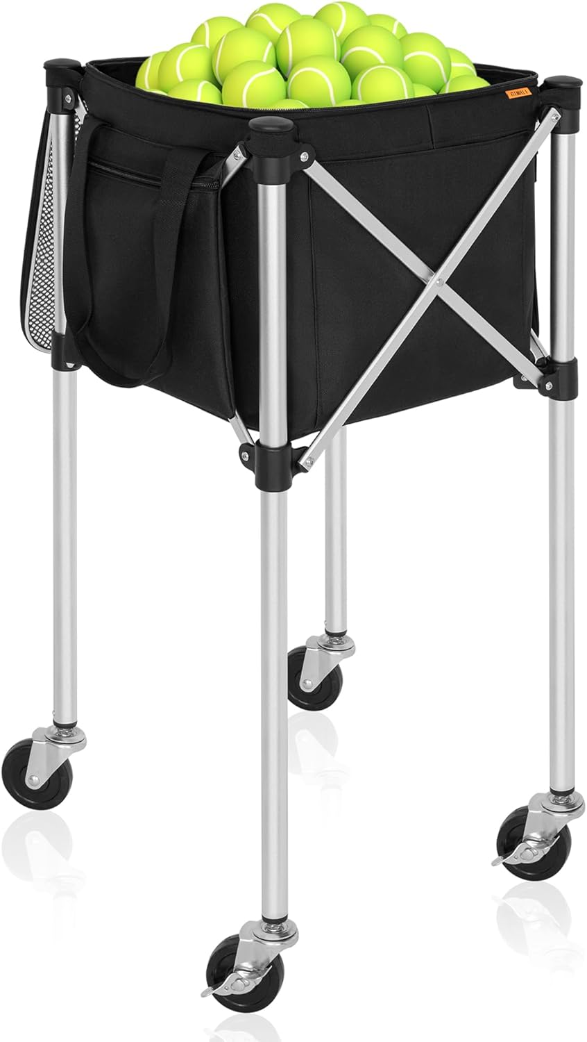 ITHWIU Foldable Tennis Ball Hopper Basket Cart Holds 180 Balls Wheeled Teaching Carts, Light Aluminum Alloy Trolley for Tennis Balls, Portable Compact Design, Black