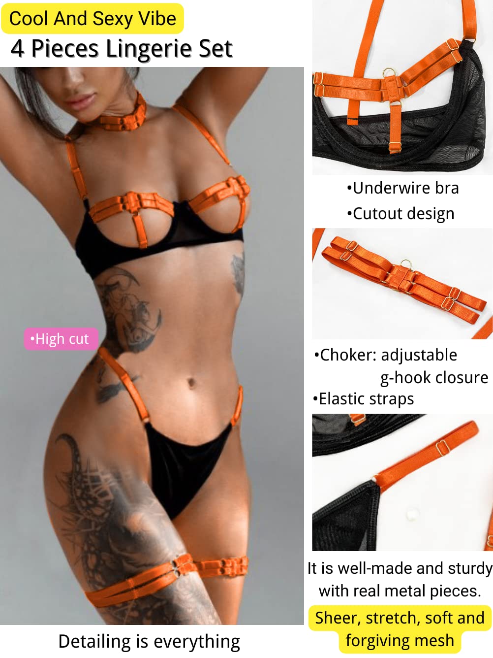 Kaei&Shi Glow Under Black Light, Party Boudoir Outfits, 4PC Peekaboo Lingerie: 0-2 Orange
