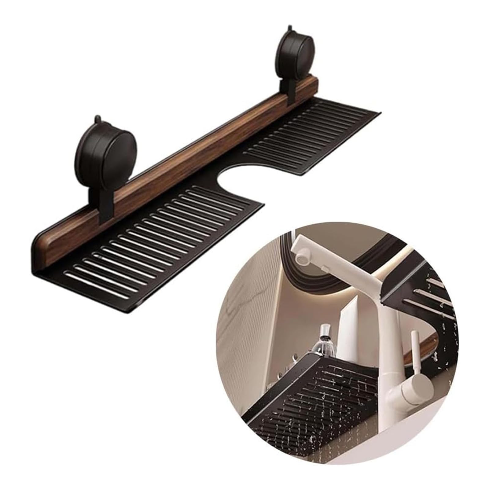 Estante de baño con ventosa, organizador montado en la pared, aleación de aluminio, sin taladrar, con tiras de nogal para baño, caravana, cocina, dormitorio
