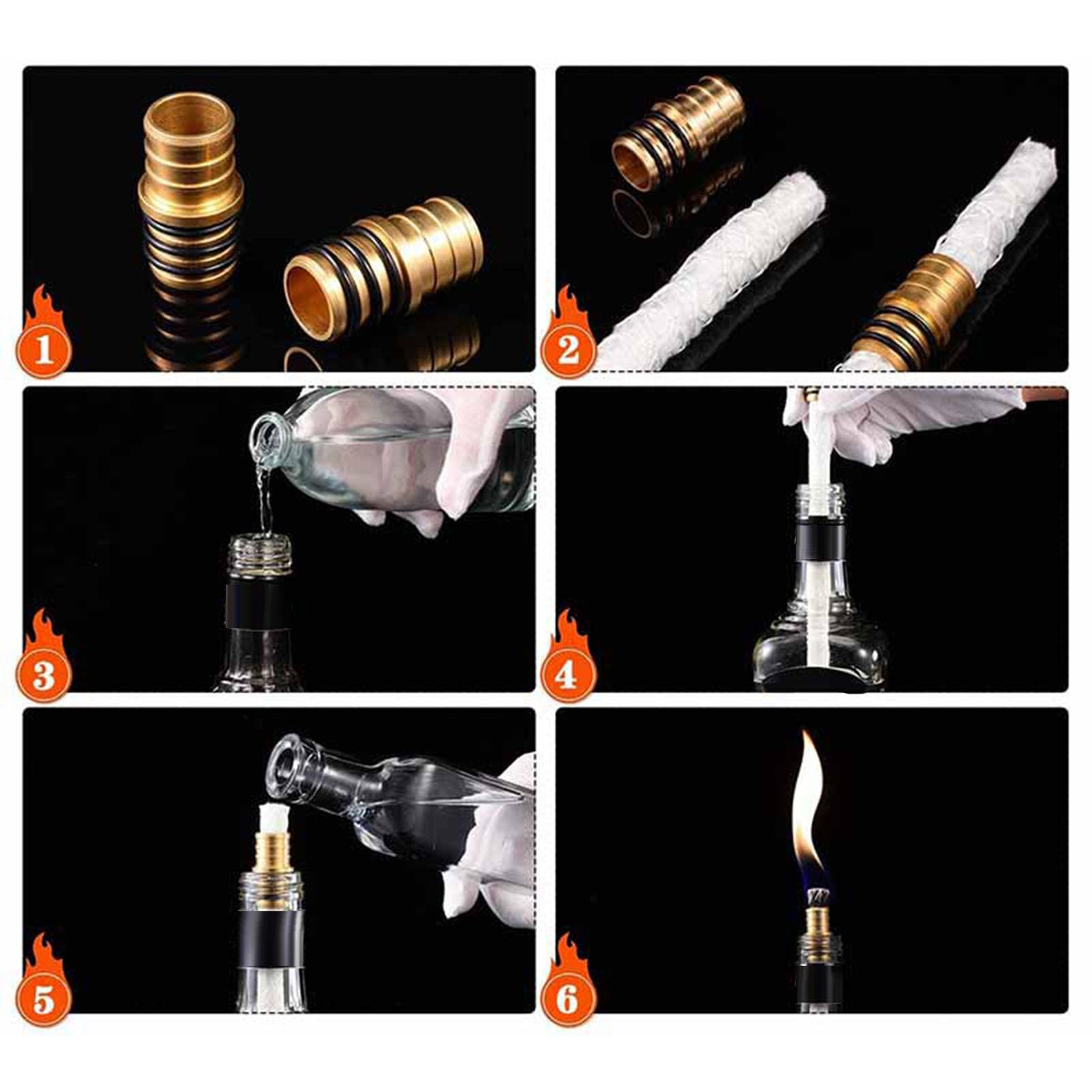 10 Pieces Brass Torch Wick Holder with Torch Replacement Wicks, Wine Bottle Torch Wicks Kit for Homemade Torch Decor