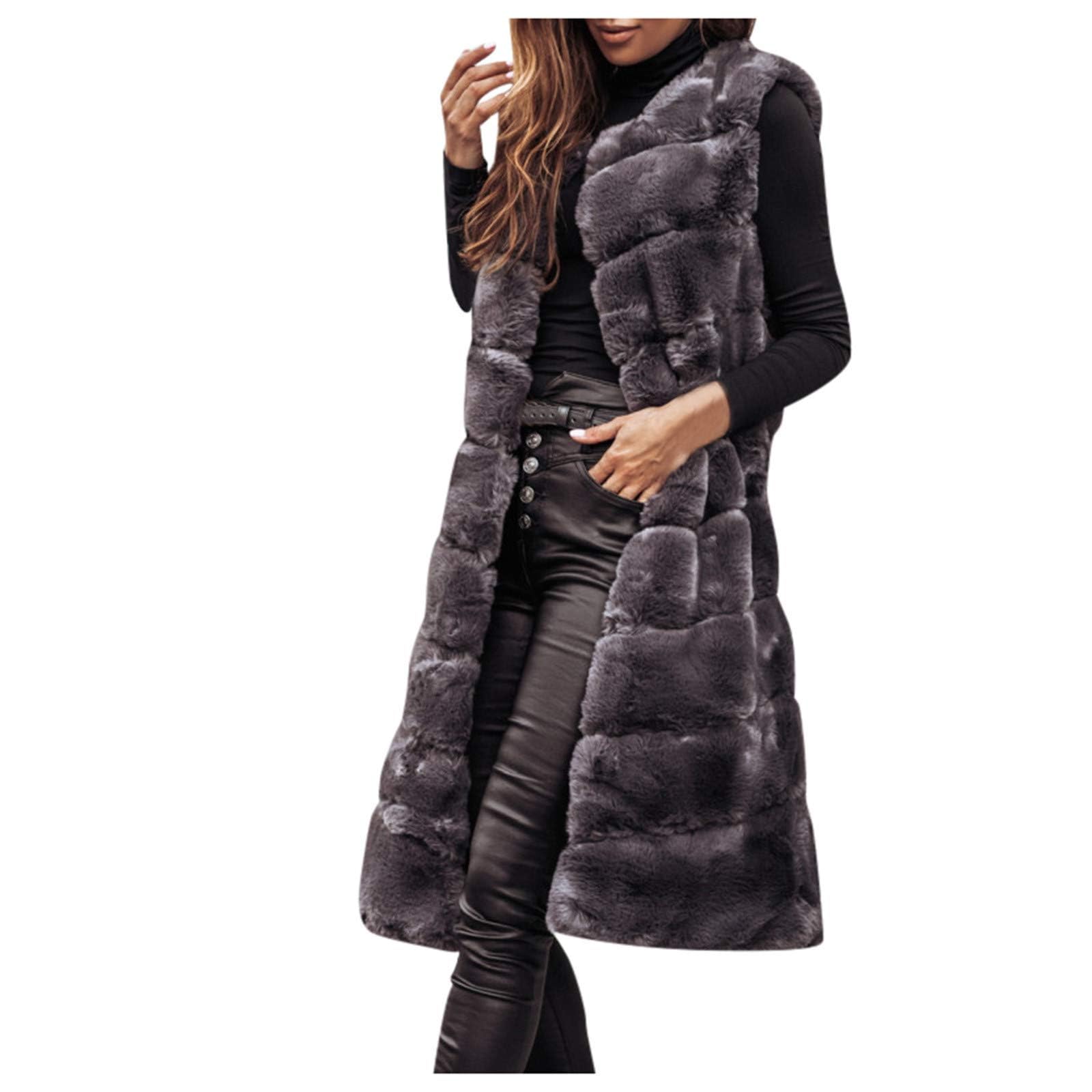 SACFOF Women Faux Fur Vest Shearling Hooded Winter Thick Warm Fuzzy Waistcoat Sleeveless Jacket Coat Outerwear