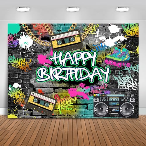Mocsicka Graffiti 80's 90's Birthday Backdrop Urban Retro Birthday Party Background 80's 90's Hip Hop Rock Birthday Party Cake Table Decoration Banner Photo Booth Props (8x6ft)