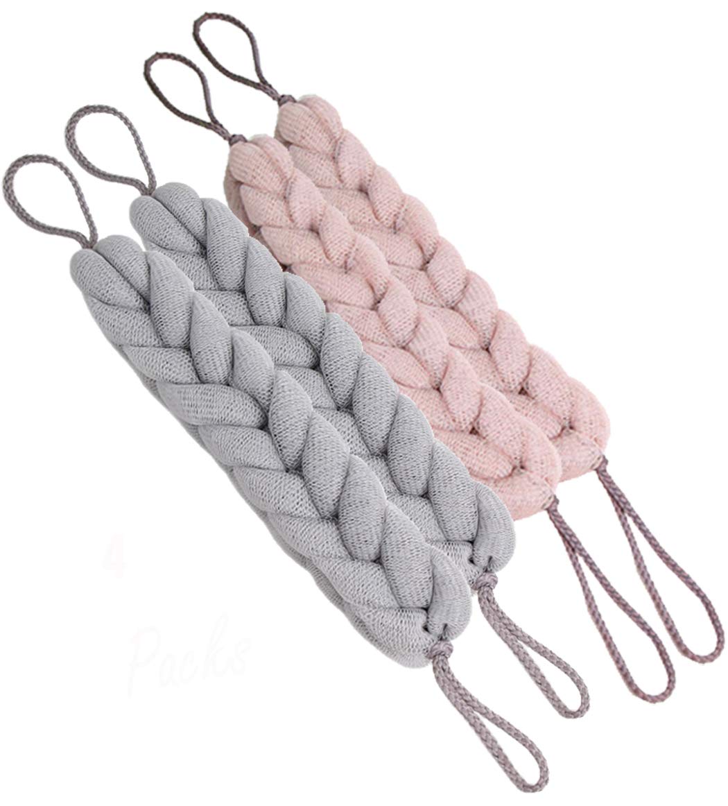 AARainbow 4 paquetes de esponjas largas elásticas con asas de cuerda, esponja de malla exfoliante corporal para hombres y mujeres (2 grises + 2 rosas de loto)
