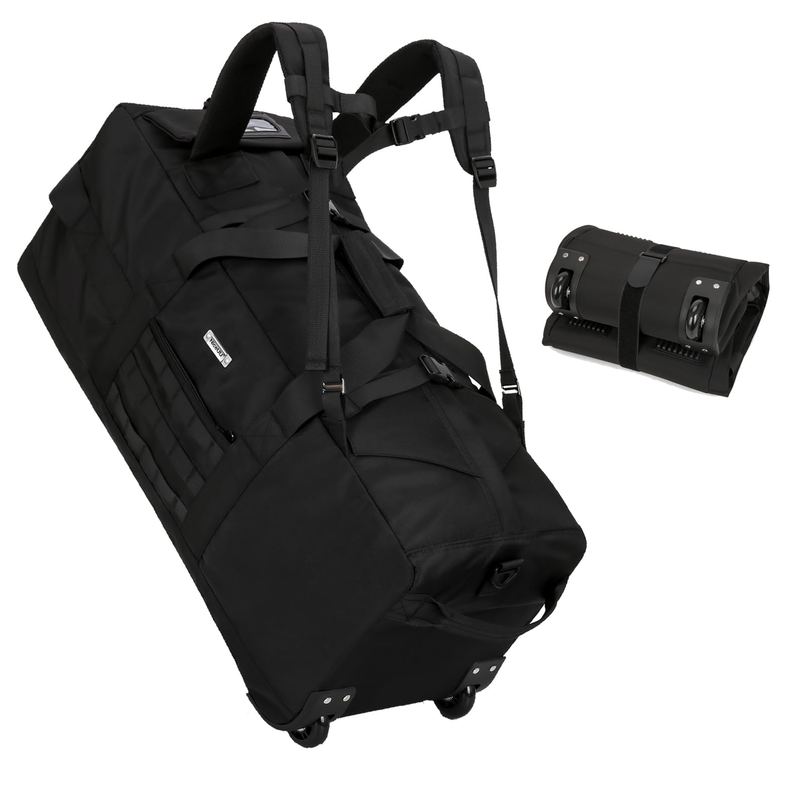 80L Waterproof Rolling Duffel Bag with Quick-Release Straps Military Tactical Wheeled Foldable for Deployment Travel Camping Sports Black
