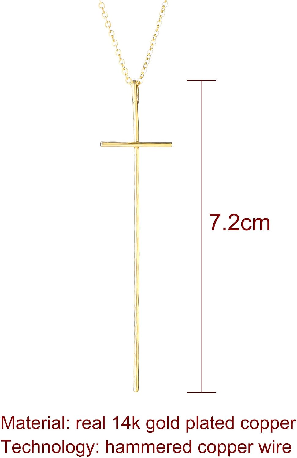 14K Gold Plated Long Hammered Cross Necklace for Women Religious Faith Jewelry Christian Gift