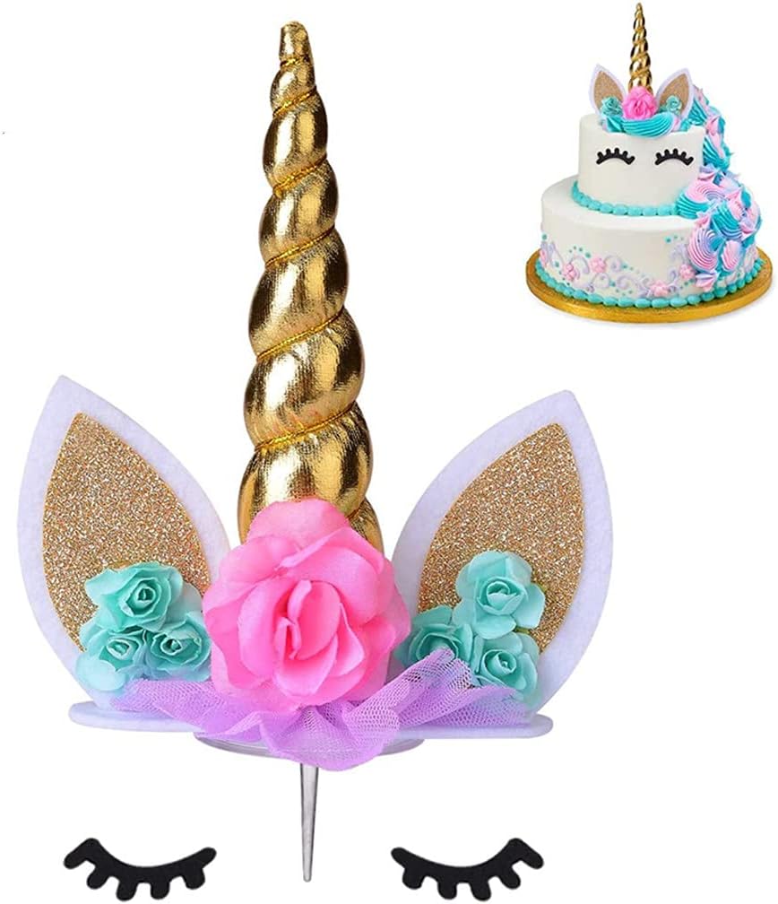 Unicorn Cake Topper with Eyelashes Party Cake Decoration Supplies for Birthday Party Wedding Baby Shower 5.8 inch (Yellow Silk Scarf Gold Horn)