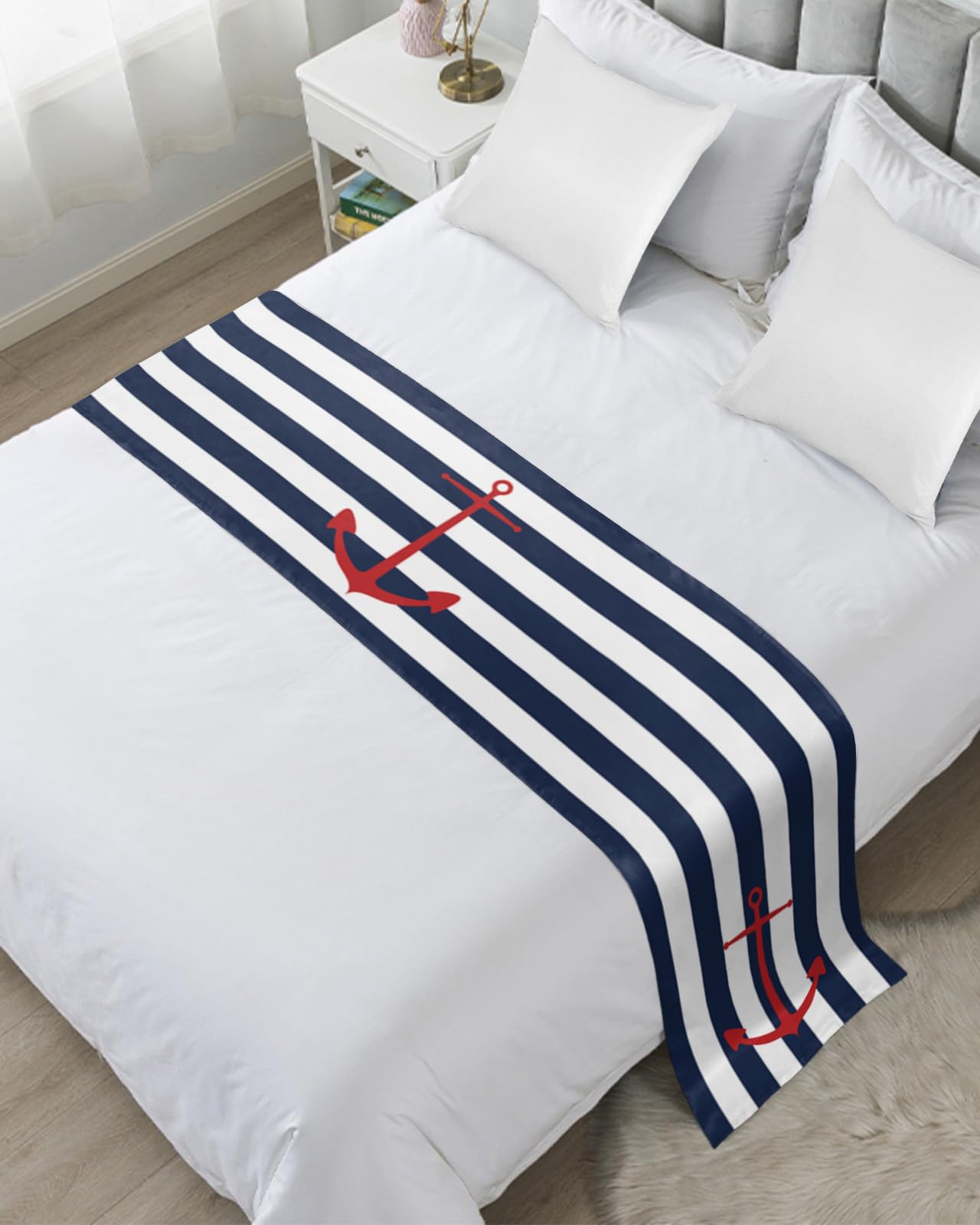 BABE MAPS Bed Runner for Twin Size Bed Nautical Anchor Navy Blue and White Striped Soft Comfort Bed Scarf Bed Cover Decorative Bedding Protector for Bedroom, Home, Hotel, Guesthouse