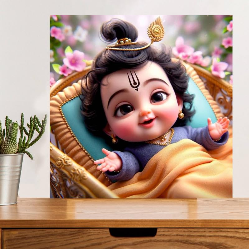 Image of British Terminal Cute little Bal Gopal Baby God Krishna| Kanha Ji | Laddu Lord Makhan Chor Painting Religious Poster for Pregnant Women for wall (matt thin vinyl,sticker,multicolor,unframed)| bj199