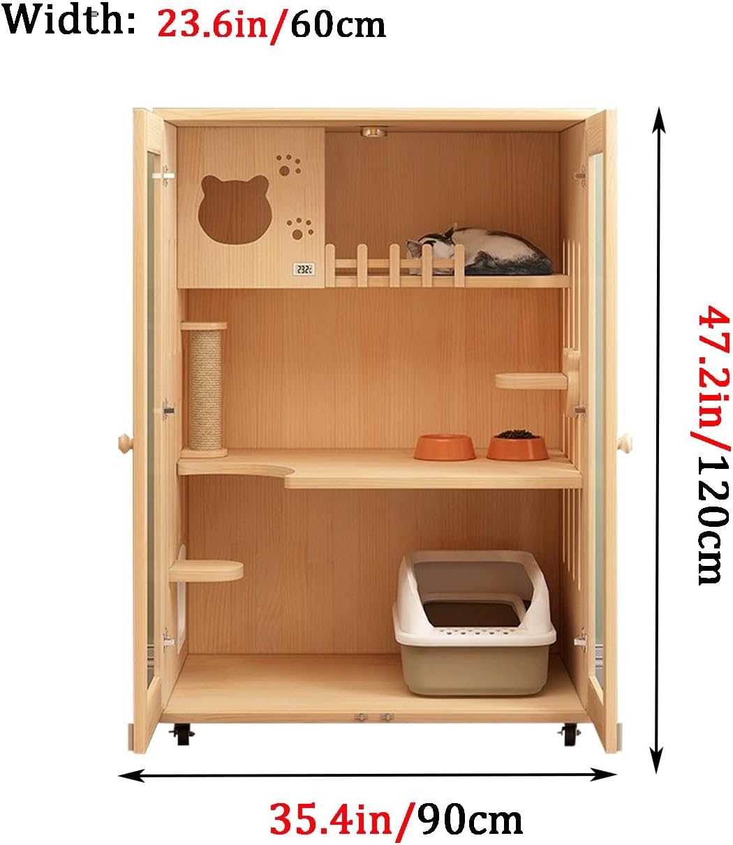 Cat Cage, solid wood Cat Playpen, Large space waterproof, Cat Enclosures indoor cat exercise place, tempered glass plate, suitable for 1-2 cats(35.4x47.2)