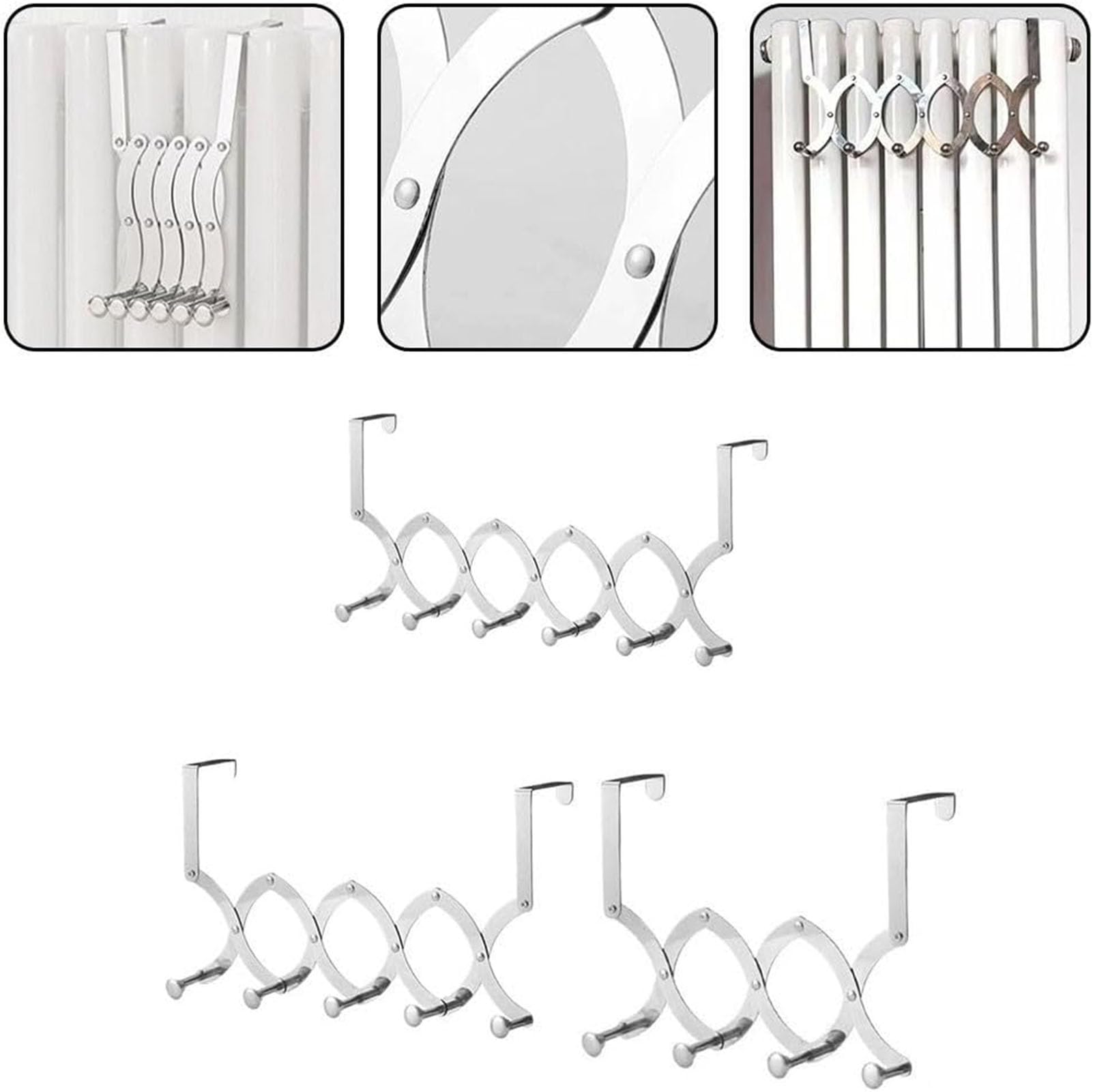 Einziehbarer Wäschetrockner aus Edelstahl, für Heizkörper konzipiert, über dem Heizrohr, Tablar für Ofenkleidung, Starke Belastbarkeit,Stainless Steel,Four Hooks