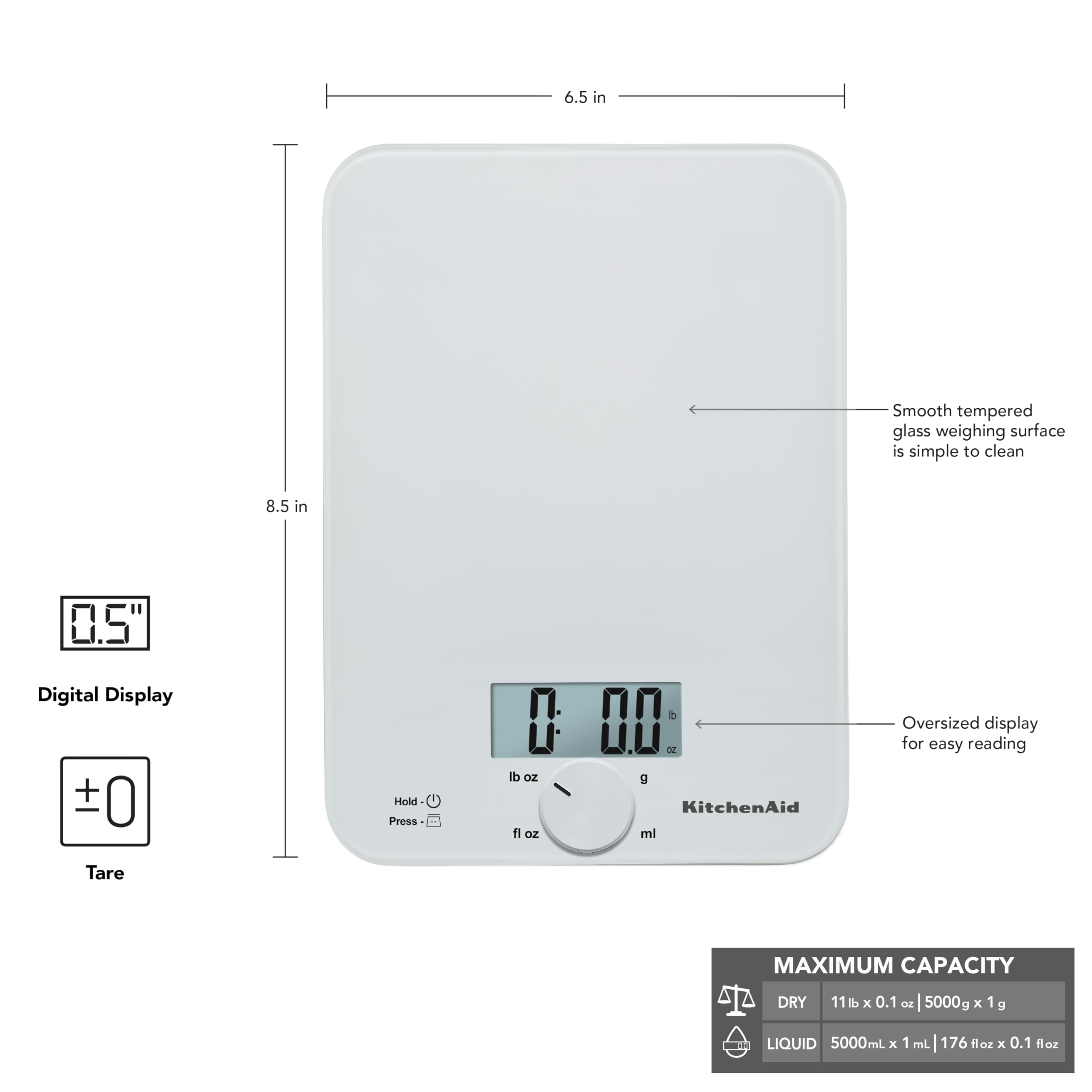 KitchenAid KQ914WH - Bilancia digitale da cucina e alimenti, con superficie in vetro, capacità 5 kg, bilancia per alimenti once e grammi, ingredienti secchi e liquidi, bianco