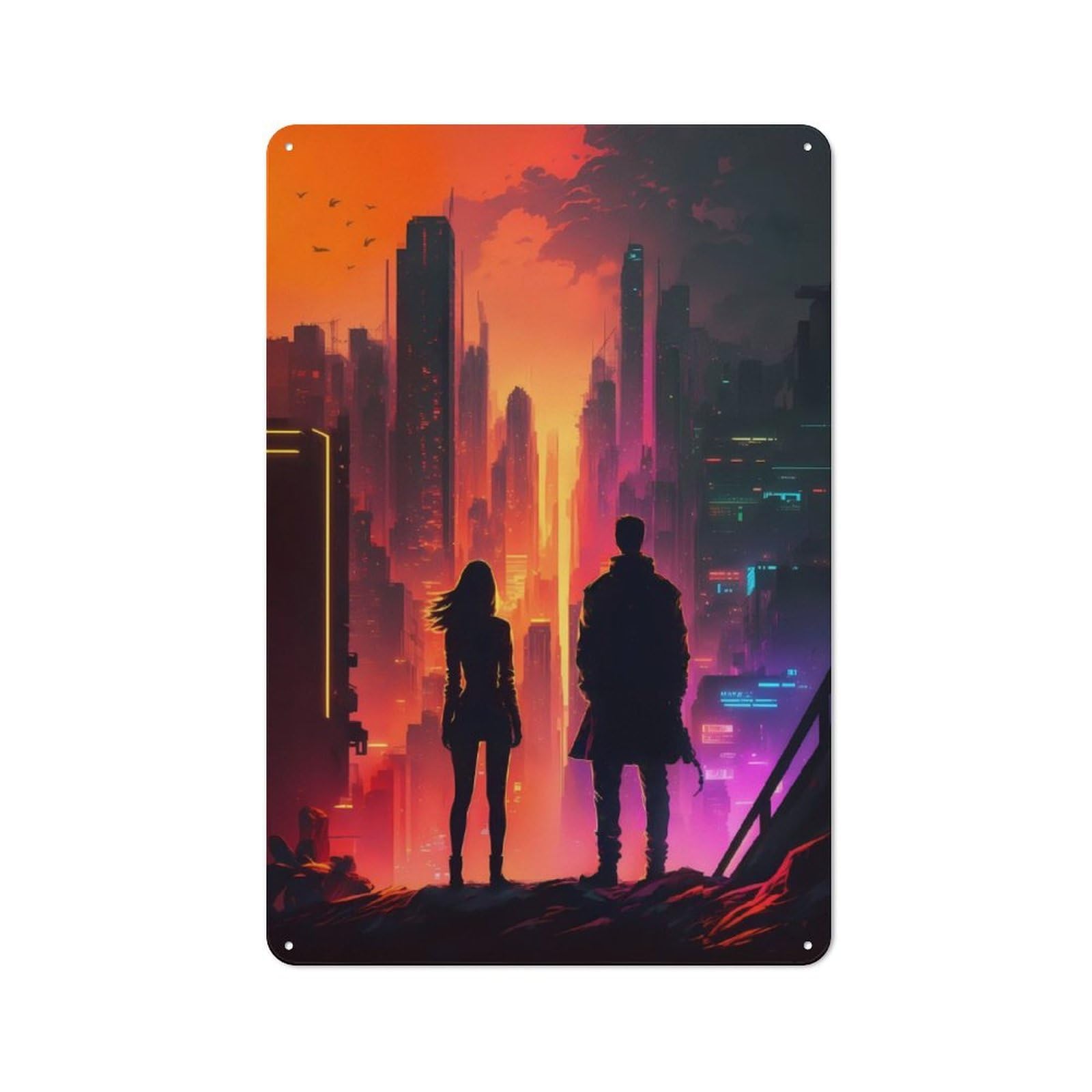 Junmoney Sunset Anime Cityscape Metal Wall Sign 30X20cm Featuring For Bar Or Restaurant, For Restaurant Interior Fans