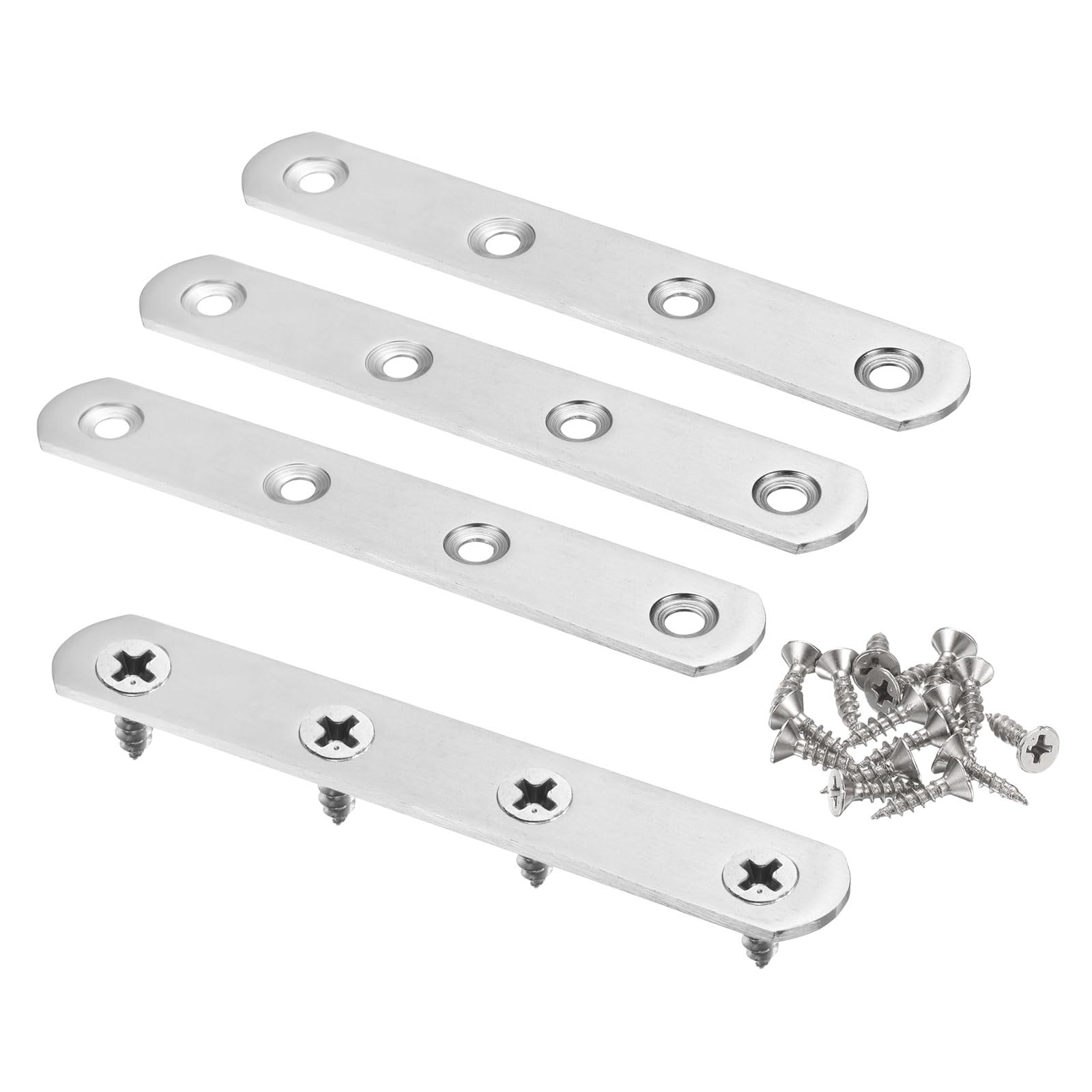 sourcing map 4pcs Straight Bracket 4.9" x 0.8" Stainless Steel Flat Fixing Brackets Mending Plate Corner Brace Connector with 16 Screws for Wood Board Bed Frame Furniture Shelves, Silver