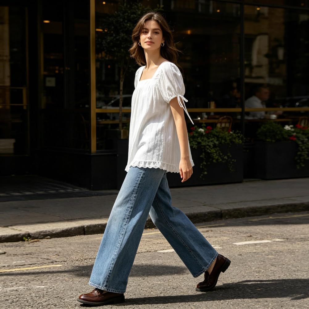 Generisch Camicetta da donna con scollo quadrato e maniche a sbuffo, casual e larga, con finiture in pizzo e dettagli sui polsini