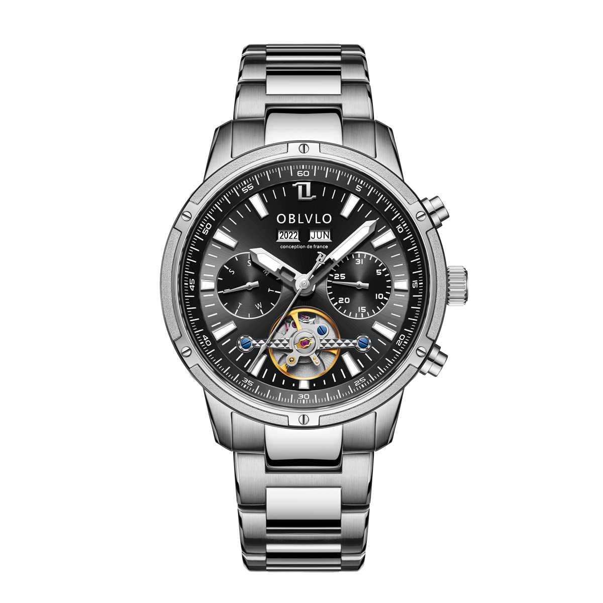 OBLVLO Herren-Automatikuhr Mechanisches Tourbillon Leuchtendes Edelstahlarmband Saphir 50M wasserdichte Kalenderwochenuhr 42mm cm-T