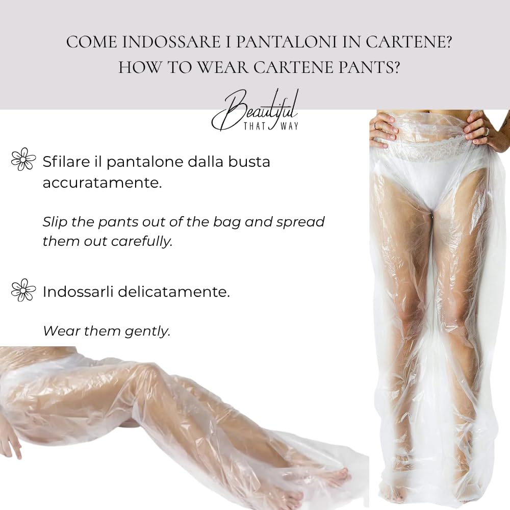 Pantalones para tratamientos de belleza 25 unidades 80x160 cm Beautiful That Way Cartene talla única desechables impermeables ideales para lodos, vendajes, presoterapia, uso profesional