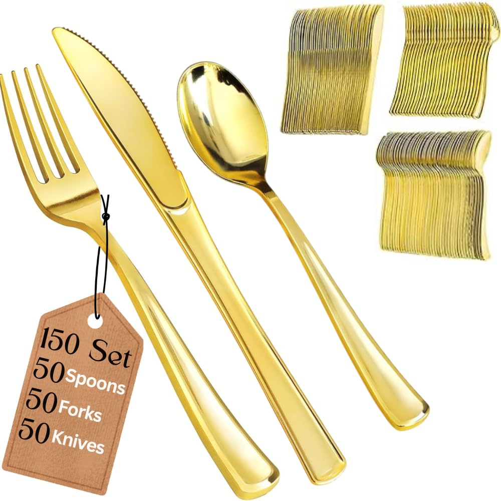 Elegante set di 150 posate in plastica dorata, 50 cucchiai, 50 forchette e 50 coltelli, resistenti, lavabili e riutilizzabili, posate dorate per compleanni, feste, matrimoni ed eventi