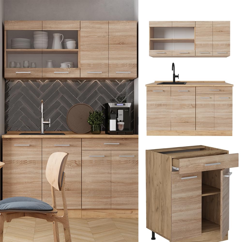 Vicco Single Küche R-Line, Sonoma/Goldkraft Eiche, 140 cm, AP Anthrazit, geeignet für freistehende oder wandnahe Montage