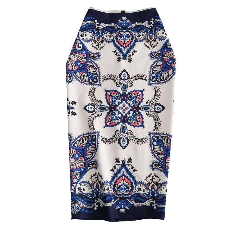 Women's Elastic High Waist Knee Length Pencil Skirt Office Work Midi Bodycon Basic Floral Skirt with Back Slit