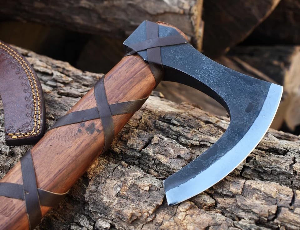 Image of Ragnar Viking Axe - Hand Forged Carbon Steel Hatchet with Leather Sheath | Norse Bearded Axe for Camping, Throwing, Hunting, Outdoor Survival | Gift for Men
