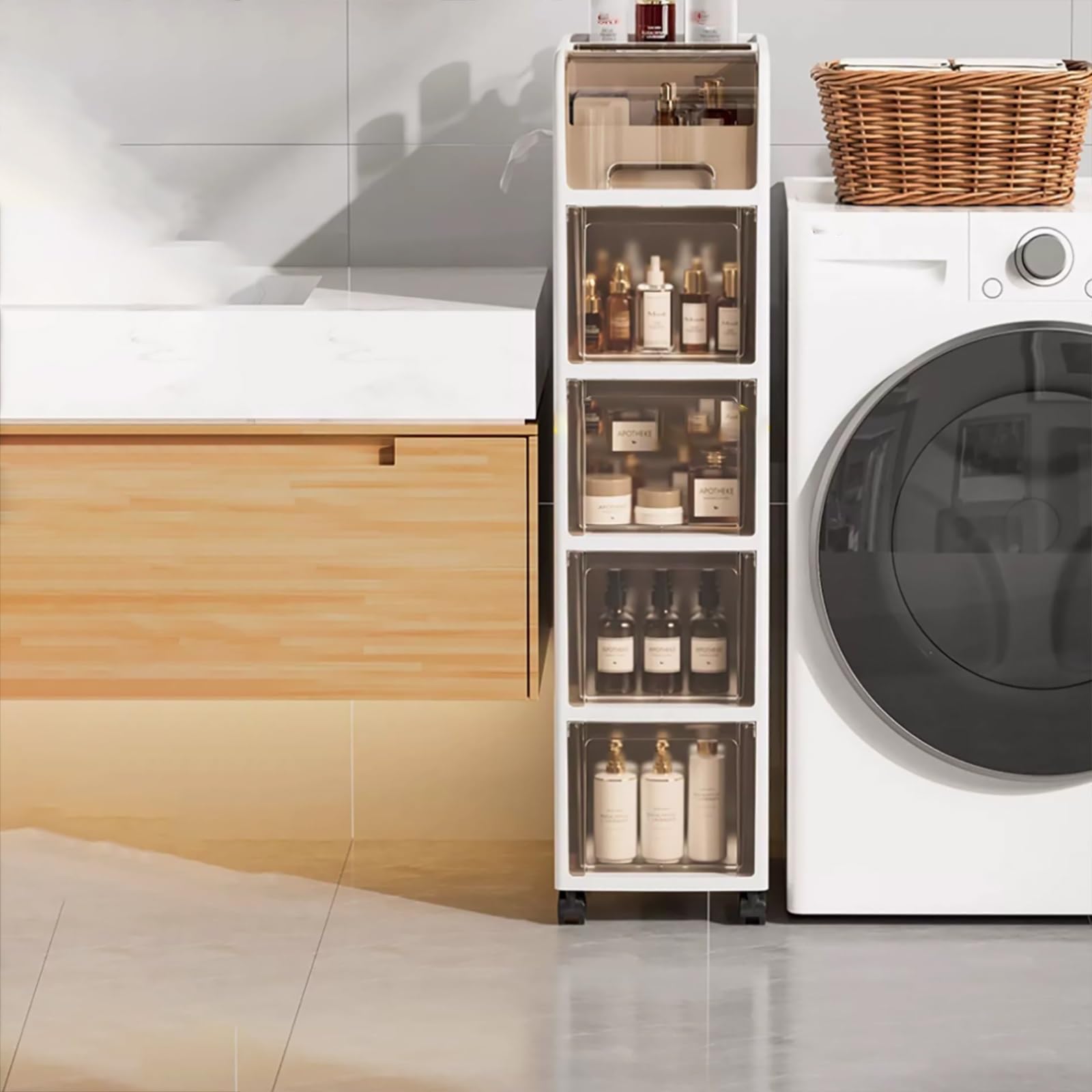 25CM Slim pantry Small Bathroom Storage Corner Floor Cabinet with Storage Drawer and Shelves Narrow Organizer Toilet Paper Cabinet for Tiny Kitchen Laundry Living Room Toilet Gap Large Capacity(24.6in