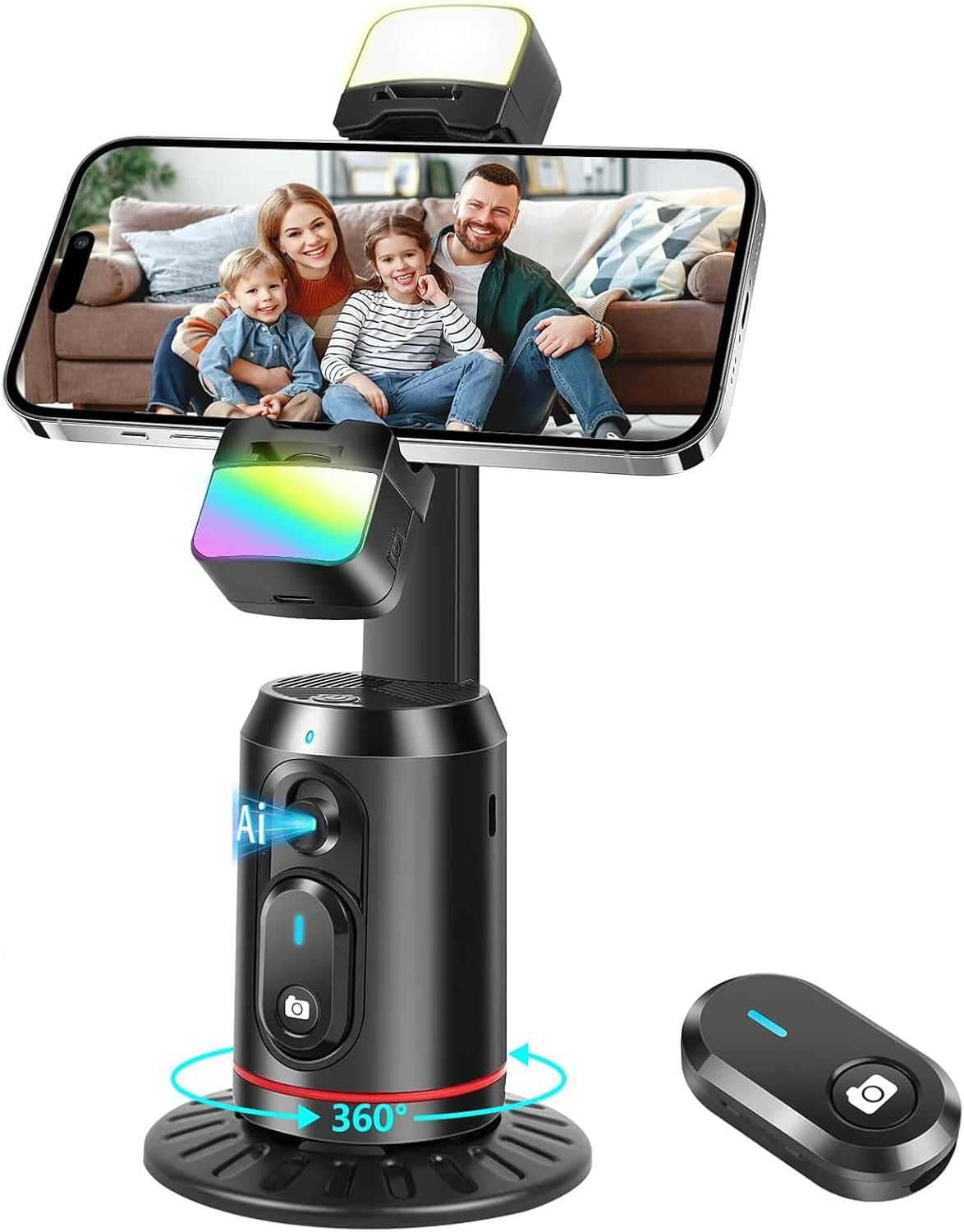 Automatic Face Tracking Tripod, 360° Rotating Smart Camera Stand, LED Fill Light, No App Required, Gesture Control, with Detachable Remote Control, Suitable for Vlog Live Broadcast and Video