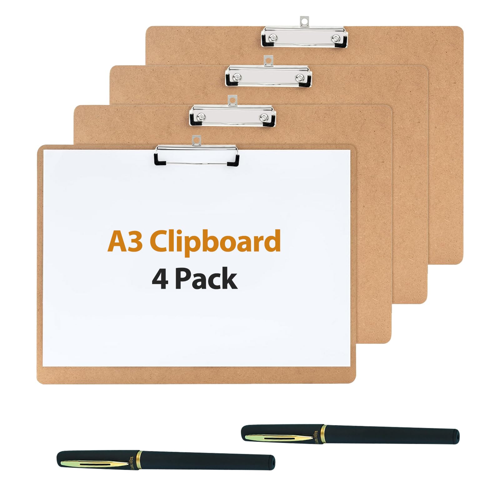 4 Pack A3 Clipboard Extra Large Clip Board, Horizontal MDF Wood Lap Boards with Two Pens, Drawing Board with Clip for Drawing, Sketching, Art, Office & School Supplies