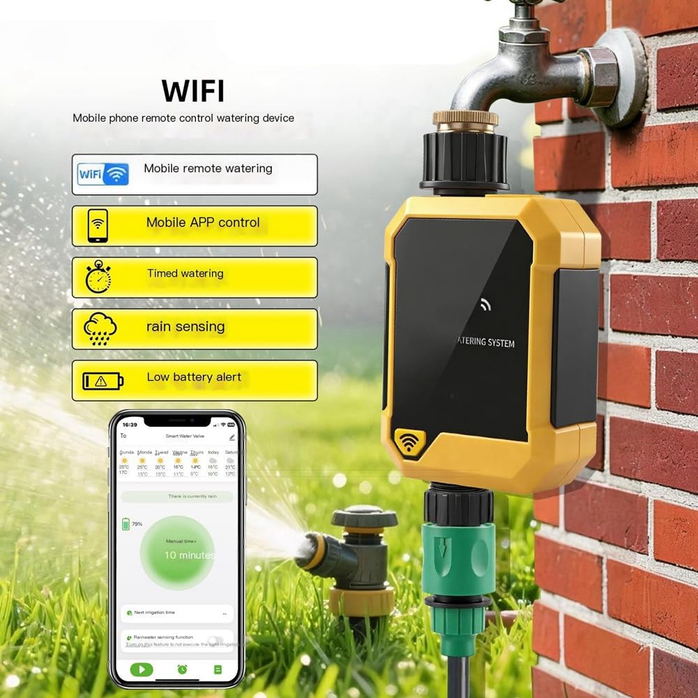Temporizador de Agua WiFi Tuya, Temporizador de Riego Inteligente con Sensor de Lluvia y Control Remoto para Jardín, Patio y Césped IPX6