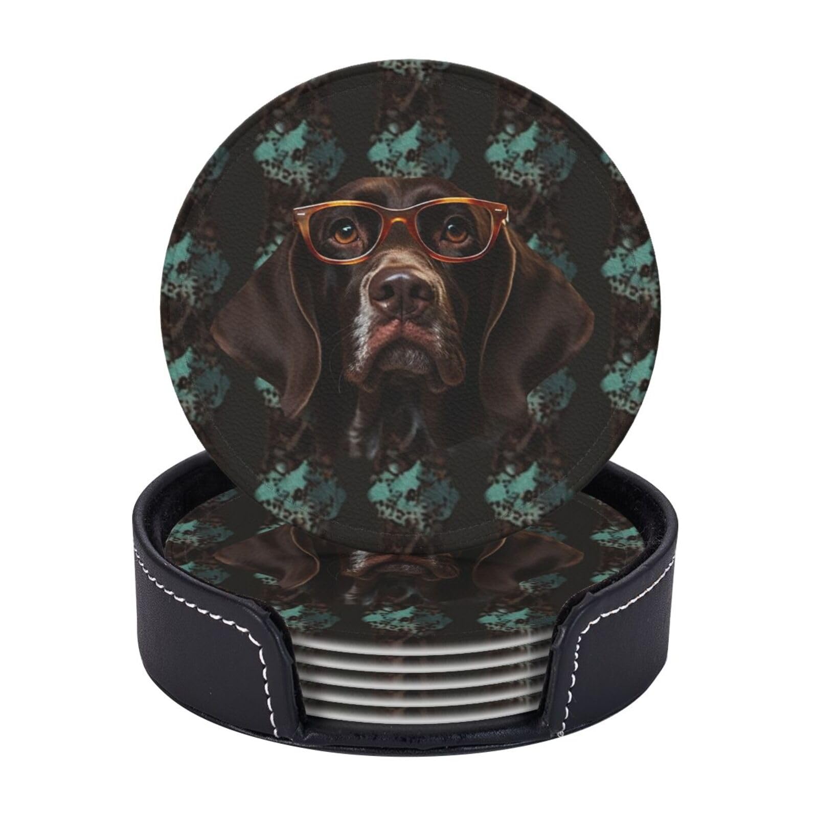 6Pcs PU Leather Coaster for Drinks, German Shorthaired Pointer in Glasses Cup Coasters with Holder, Aesthetic Drink Coasters for Coffee Table, Round Coaster for Tabletop Protection 4" Cup Mat Pad