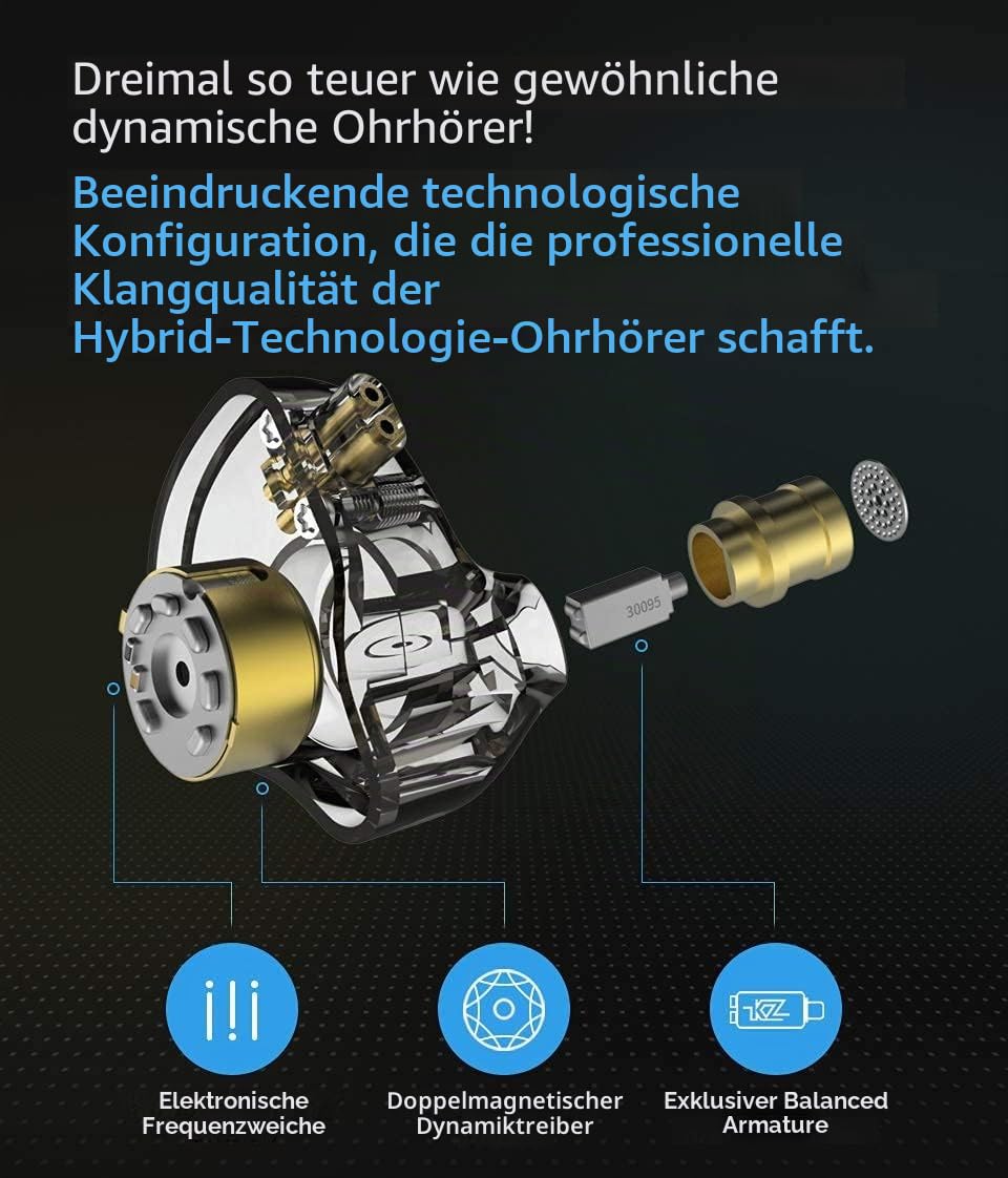 KZ ZSN Pro Dual Drivers 1BA 1DD In-Ear-Kopfhörer HiFi Power Bass Earbuds Kopfhörer Hohe Klarheit Sound Kabelgebundene Kopfhörer mit abnehmbarem Kabel für Audiophile Musiker