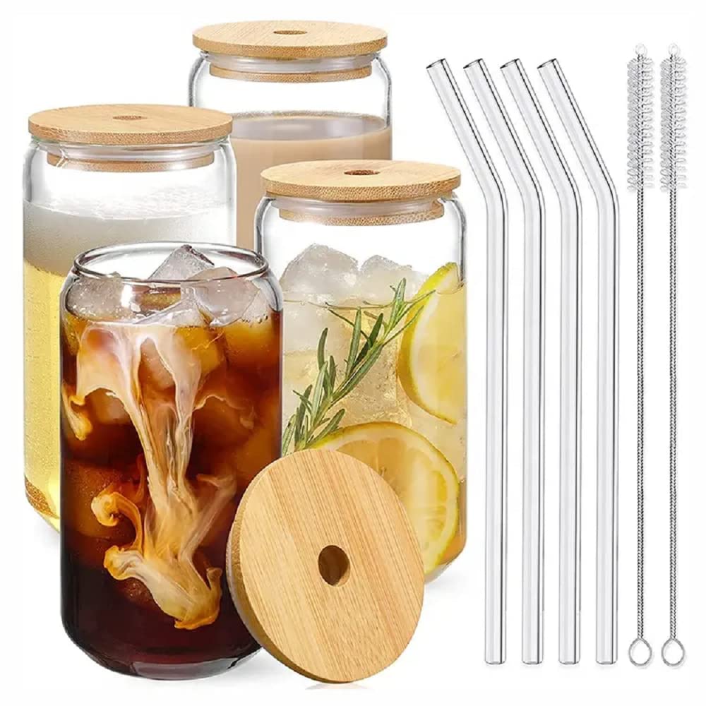 Drinking Glasses with Bamboo Lids and Glass Straw 4pcs Set - 16oz Can Shaped Glass Cups, Beer Glasses, Iced Coffee Glasses, Cute Tumbler Cup, Ideal for Cocktail, Whiskey, Gift - 2 Cleaning Brushes