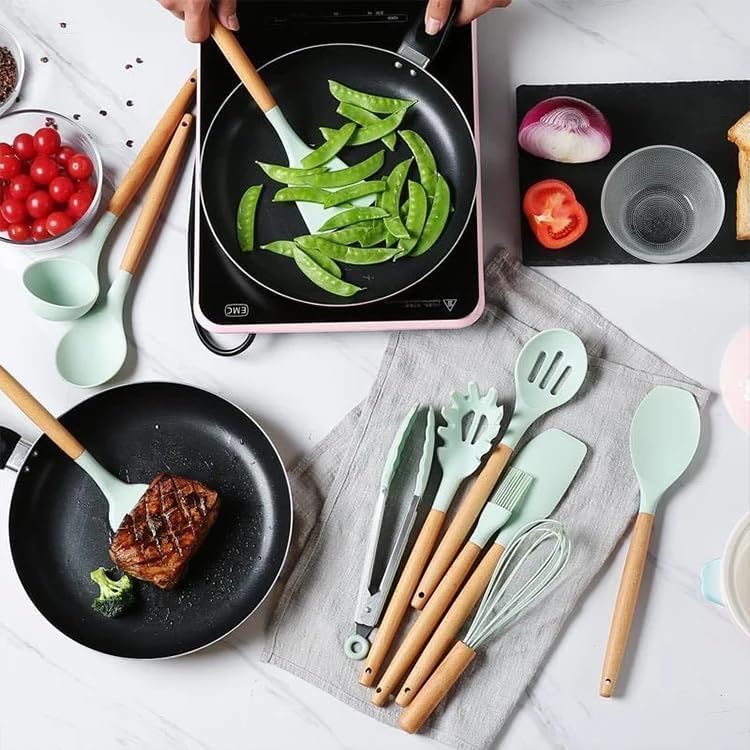 Miniatura 7 de Juego de utensilios de cocina de silicona de 12 piezas resistente al calor hasta 446F. Incluye tornillo, pinzas, espátula, cuchara, cepillo,