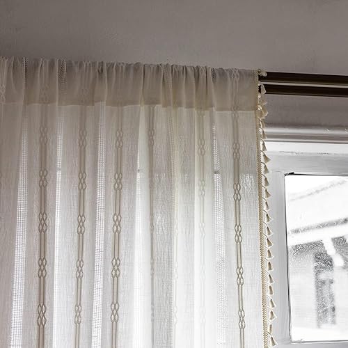 Miniatura 3 de TOPSMCHER Cortinas bohemias para sala de estar, 63 pulgadas, cortinas filtrantes para dormitorio, cortinas rústicas de lino de algodón con bordado,