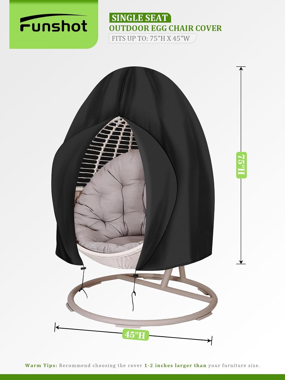 Egg Chair Cover Waterproof, 75" x 45" 2 Pack Patio Hanging Swing Egg Chair Covers with Zipper, Outdoor Wicker Single Seat Egg Chair Cover for Outdoor Furniture, Windproof, Black