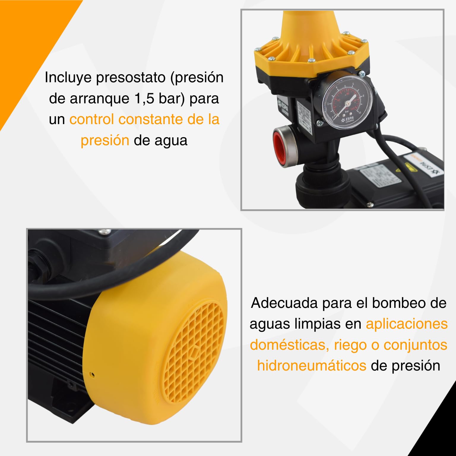 ESPA LEADER Grupo de Presión MISTRAL 90 4M 02, Bomba Aguas Limpias con Kit de Presión, 750 W, Caudal Máx 6.000 l/h, Altura 32 m, Uso Doméstico, Riego y Conjuntos Hidroneumáticos, Acero de Fundición