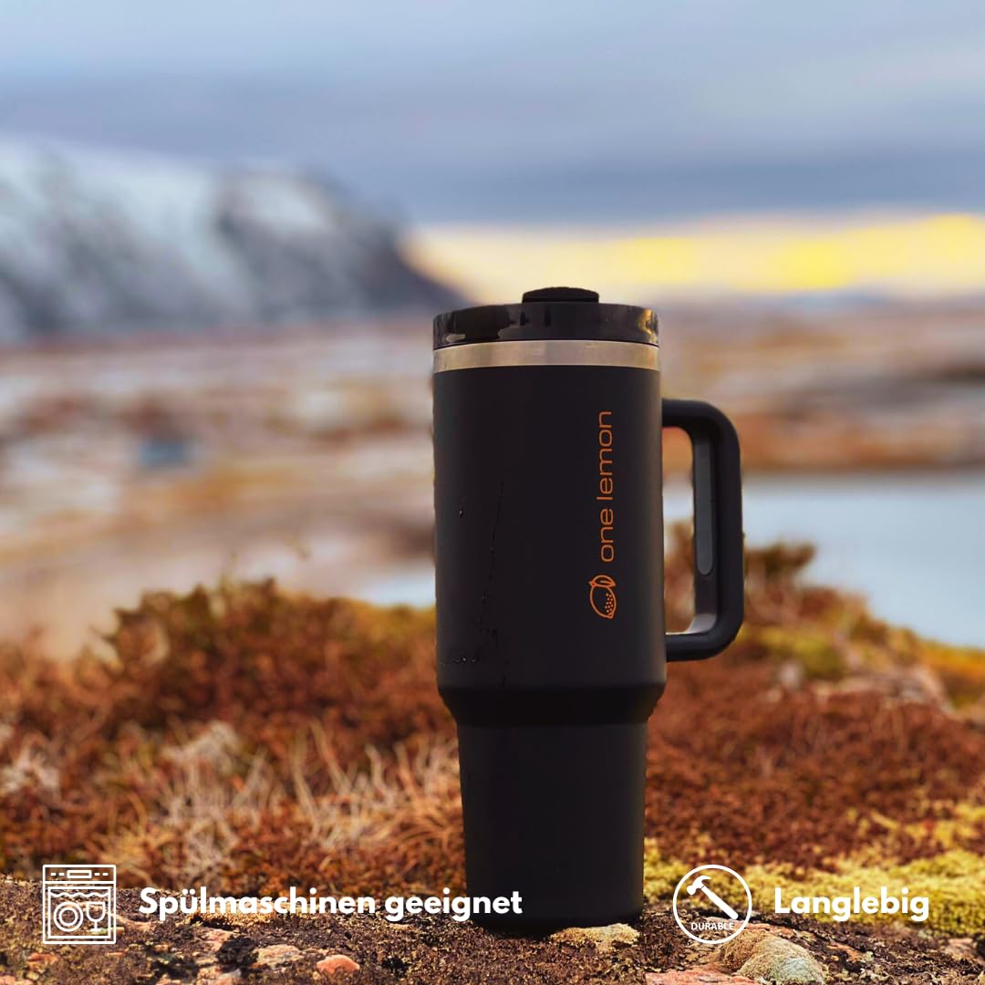 Onebttl Strandbecher Aus Edelstahl – 590 Ml, Doppelwandig Mit Deckel & Strohhalm, Ocean Dream Schwarz