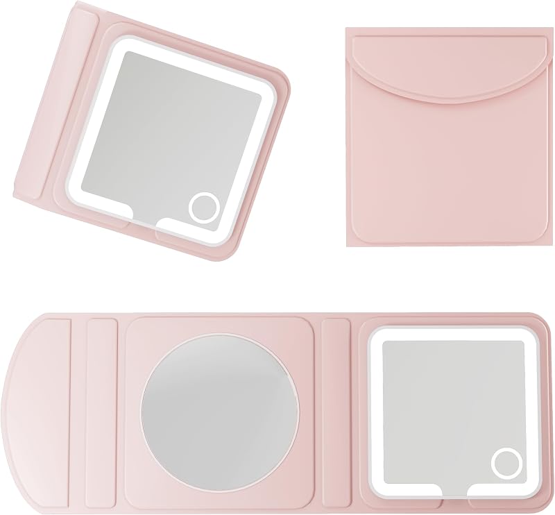 Espelho de maquiagem dobrável duplo Amysmart com luz LED, ampliação 1X/5X/10X, controle de intensidade, recarregável, Pink Dual-Fold