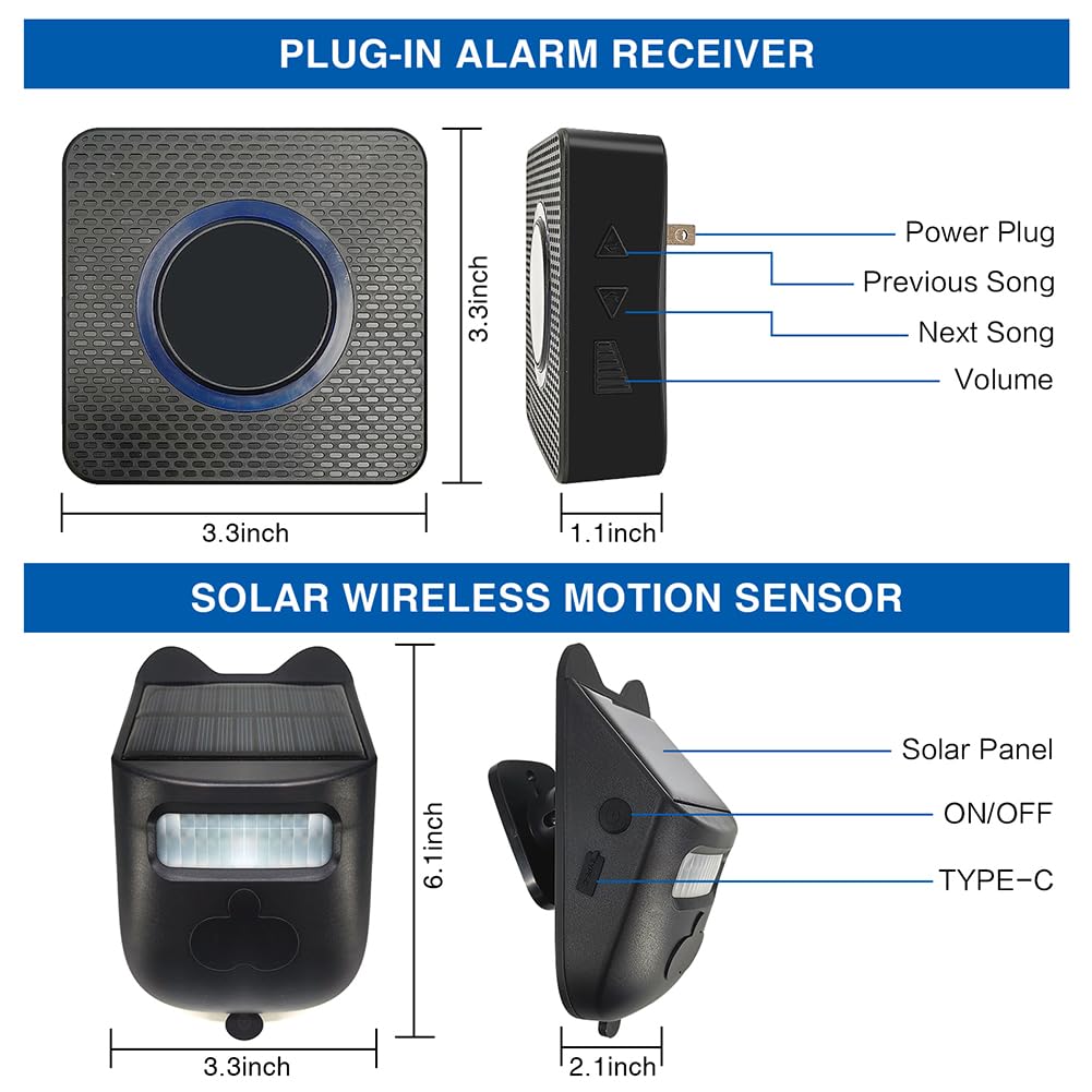 Alarma solar para entrada, sensor de movimiento inalámbrico y detector resistente a la intemperie, sistema de alerta de seguridad para el hogar, protección al aire libre, propiedad y
