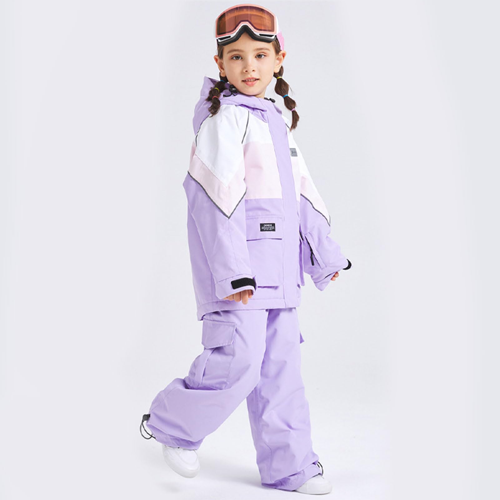 Traje de nieve infantil de 2 piezas, chaqueta de esquí + pantalones de esquí, impermeable, cortavientos, transpirable, con capucha, para niños y niñas, traje de esquí de invierno, lila, 120