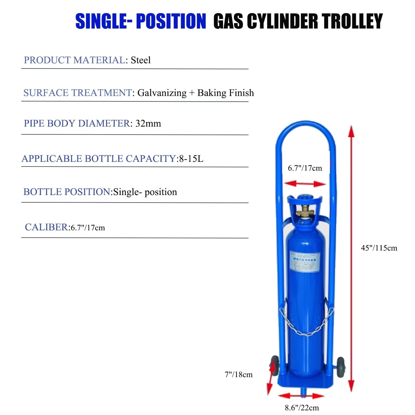 Carro Ligero para Cilindros de Gas de 8 a 15 L. Transportador de un Solo Cilindro para oxígeno, nitrógeno, argón y CO2. Ideal para centros médicos y Laboratorios (Azul).