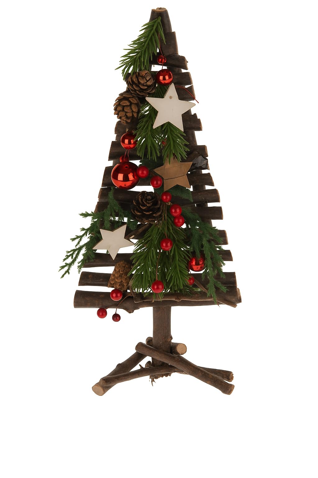 Muddy Hands Brown Rustic Wooden Christmas Tree Ornament With Pinecones, Red Baubles & Stars – Natural Festive Tabletop Decoration, 41Cm Standing Holiday Display, Nordic Style Xmas Décor