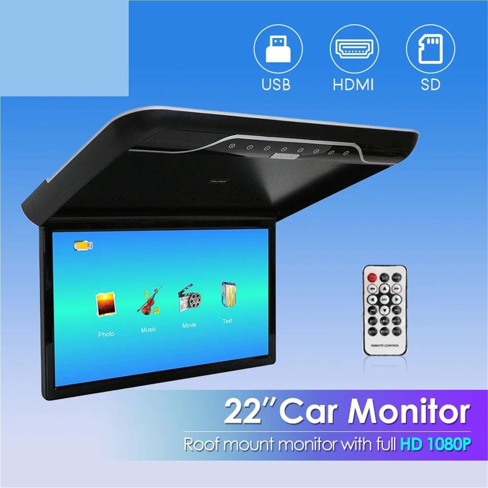 22 Inch Car Roof Monitor 1080P Flip Screen Top Multimedia Video Ceiling Roof Mounted Display With 16-color Ambient Light(Black)