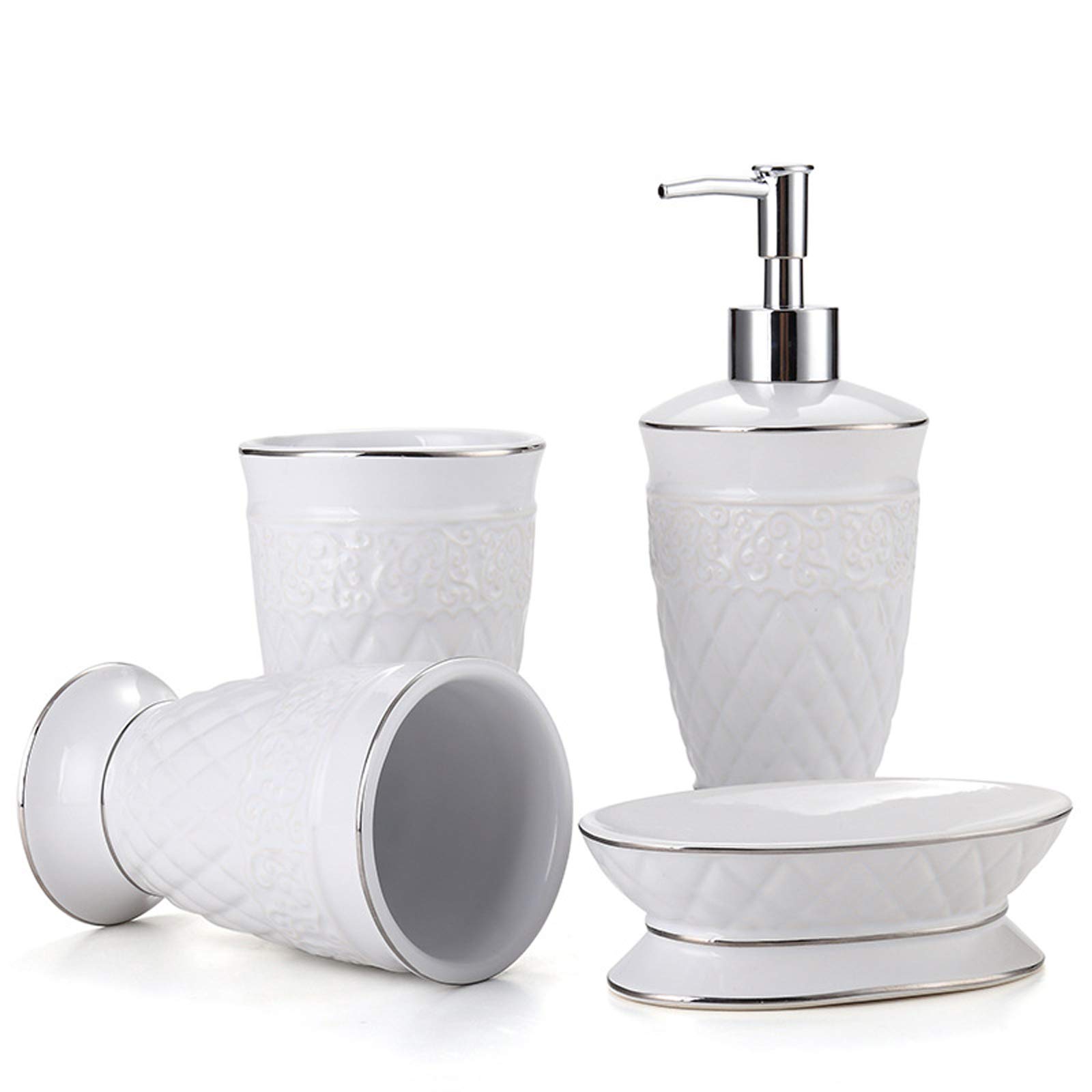 Set di 4 eleganti accessori da bagno in ceramica, include dispenser di sapone, portaspazzolino, bicchiere e portasapone, motivo in rilievo bianco